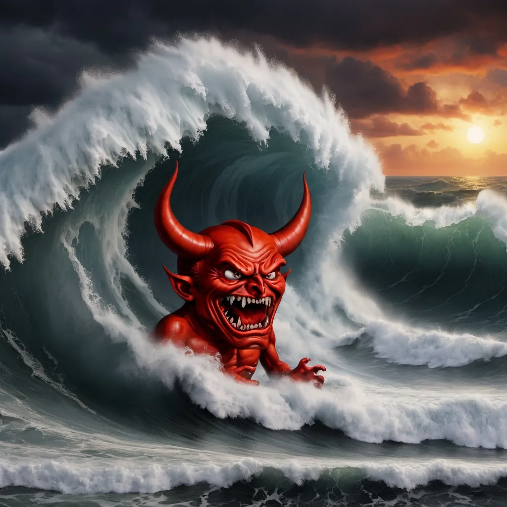 Prompt: the big devil sees the big waves