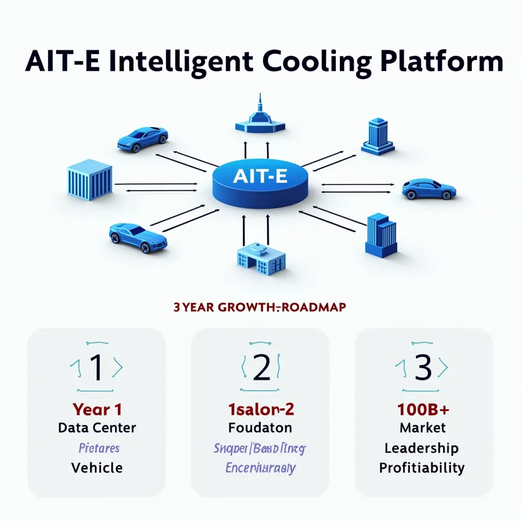 Prompt: Infographic showing a central 'AIT-E Intelligent Cooling Platform' hub. Lines radiate outwards to diverse industry icons: Data Center, Electric Vehicle, Smart Building, Smart Farm, ESS, Industrial Process. Below, a clear 3-Year Growth Roadmap graphic: Year 1 (₩5B - Foundation), Year 2 (Scaling), Year 3 (₩100B+ - Market Leadership/Profitability). Clean lines, interconnected network feel, future-oriented. --ar 16:9 --style infographic, platform scalability, roadmap
