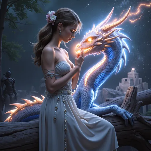 Prompt: Use the RPG engine to the nth! As she whispers secrets into the dragon's ear, constellations ignite within its scales, each sparking a shared dream, a joint destiny etched across the heavens. The dragon, in turn, exhales a nebula of understanding, swirling around her like a protective embrace. Its stardust clings to her silken garments, transforming her into a living galaxy.
Her hand rests gently upon the dragon's snout, a conduit for raw, untamed power. Through this touch, she tempers its fiery rage into focused intention, guiding its cosmic breath to mend shattered realities and weave new tapestries of existence. The dragon bows its head in reverence, acknowledging her as the anchor of its boundless might.
They dance a celestial waltz, their movements echoing the birth and death of stars. She, a whirlwind of grace and precision, guides the dragon through the chaotic currents of spacetime, their forms blurring into a single, harmonious entity, a testament to the boundless potential of unity.
When she sings, the dragon's scales resonate with the music of creation, each note a vibration that reshapes the very fabric of reality. Its roar becomes a counterpoint to her melody, a symphony of destruction and rebirth, a testament to the cyclical nature of existence they both embody.
Her tears are not of sorrow, but of pure, unadulterated empathy, each drop a miniature supernova that heals the dragon's ancient wounds. In return, the dragon offers its unwavering protection, shielding her from the storms of existence, its very presence a bulwark against the encroaching darkness.
Gazing into each other's eyes, they see not just reflections, but the infinite possibilities of what they can become together. The dragon sees in her the potential for boundless compassion, while she sees in it the untamed power to reshape the cosmos. Their bond is a promise, a pact to forge a new reality, one born from balance and understanding.