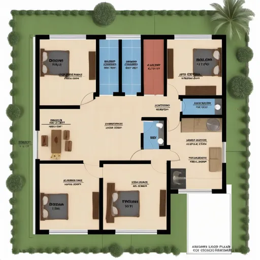 Prompt: Floor plan for a 44*49 site with 4 bed rooms and unattached washrooms and big aangan
