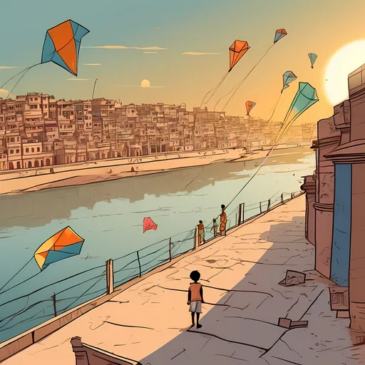 Prompt: Varanasi ghats, lonely atmosphere, orthographic view, extreme long shot, river flowing, a little kid with mowgli like hairs wearing shorts is flying a kite, he is alone, lot of kites in the sky, evening scene, scenic golden hour, sun settling down, turns golden, thin line art, flat color illustration, high quality, 50's editorial color illustration