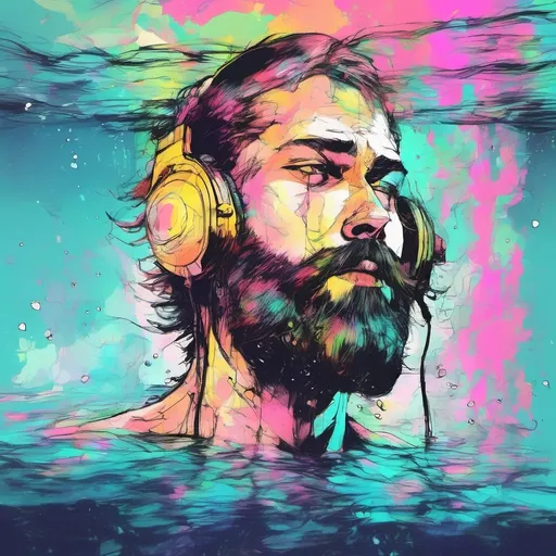 Prompt: unreal, wet dreams, bearded male swimming, wears a headphone and a power glass on face, dreamlike, water