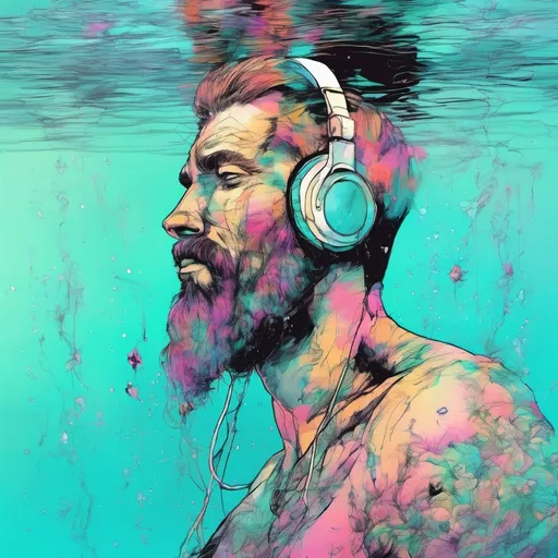 Prompt: unreal, wet dreams, trimmed bearded male aged 28 swimming, wears a headphone and a power glass on face, dreamlike, water, surreal