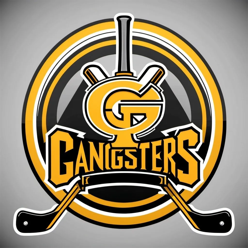 Prompt: a hockey logo for a team named The Gangsters. on the logo there has to be a big G and a big J. The writing has to be yellow with a black outline with two crossed hockey sticks