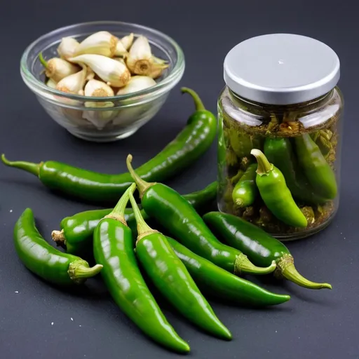 Prompt: Green chillies and garlic cloves arranged before a bottle of pickle 