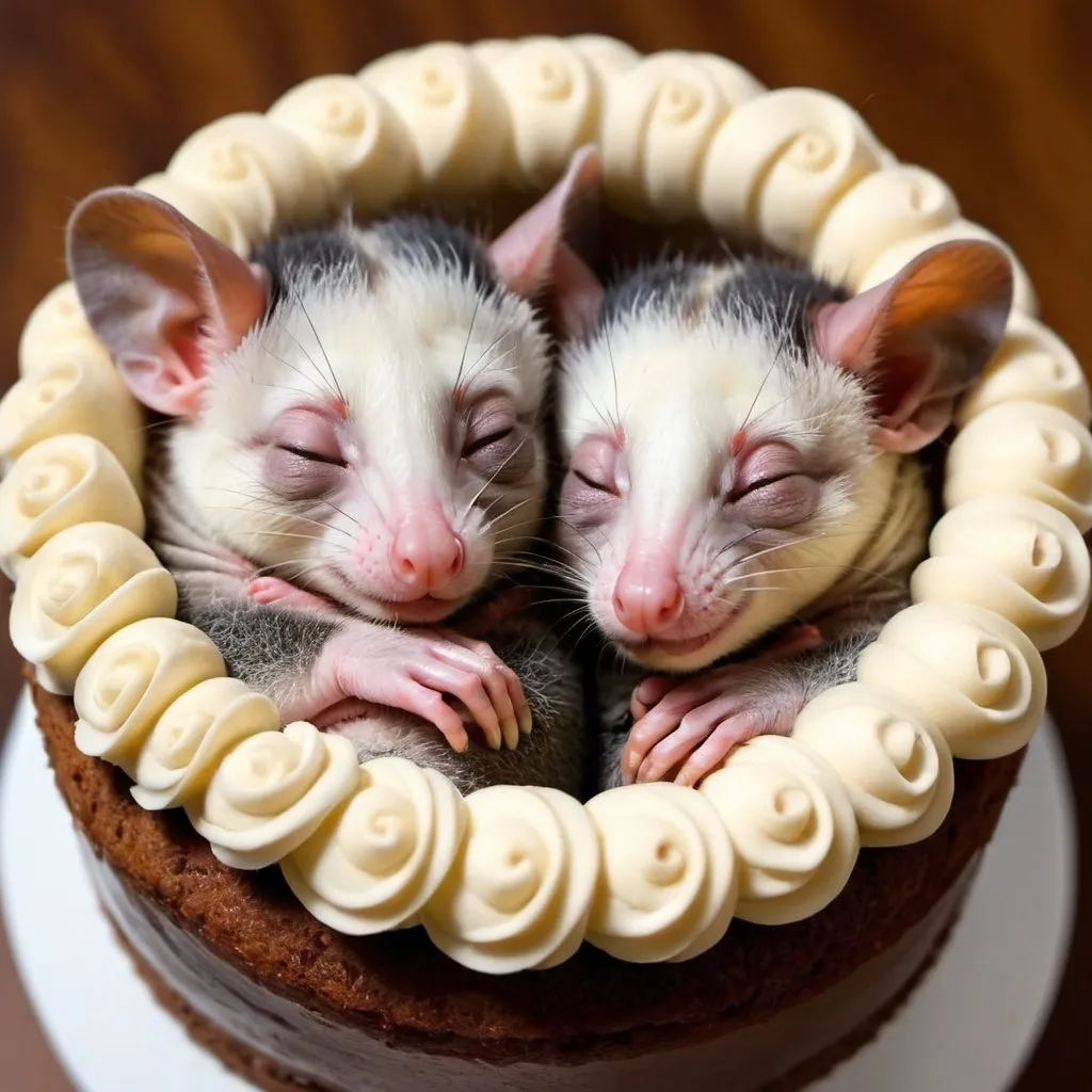 Prompt: two adorable baby ringtail possums asleep in a cake with full bellies