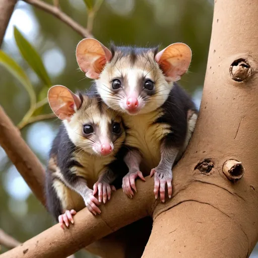 Prompt: two adorable baby australian ringtail possums sitting in a gum tree