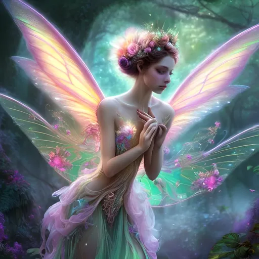 Prompt: Enchanting digital painting of a graceful fairy, vibrant and dazzling, mystical forest setting, delicate wings with iridescent glow, ethereal and luminous, intricate floral crown, fantasy art, magical atmosphere, high quality, ethereal, fantasy, vibrant colors, mystical, digital painting, delicate wings, enchanting, fairy, mystical forest, intricate details, professional, atmospheric lighting