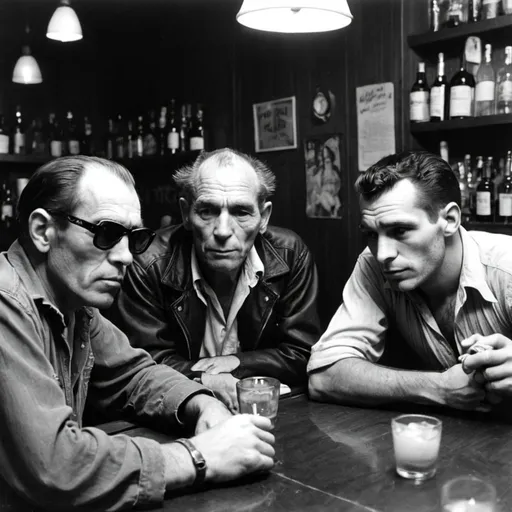 Prompt: Hunter S. Thompson, Charles bukowski at the bar in their younger days with Jack kerouac