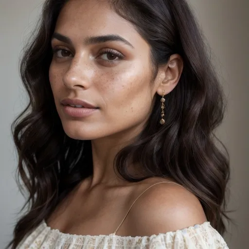 Prompt: (European-Latina mix woman), medium close-up, 1girl, solo, high cheekbones, subtle freckles, defined jawline, expressive almond-shaped deep brown eyes with long lashes, (detailed skin texture:1.1), realistic skin tone, photorealistic dark wavy hair with vintage style adaptability, slightly parted lips, (soft smile:1.1), subtle jewelry.

HAIR: (dark wavy hair, shoulder-length),
SKIN: (radiant medium warm tone), 
CLOTHING: classic vintage-inspired blouse with modern fit, 
BACKGROUND: soft-focus neutral backdrop (indoor, lightly decorated), 
LIGHTING: soft lighting with depth of field, photorealistic, Ultra High Definition, Raw Photo.