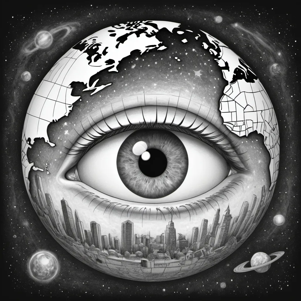 Prompt: a human eye in the centre of the globe in sketch without colour and with the universe as the background. make this a coloring page style with less greyscale

