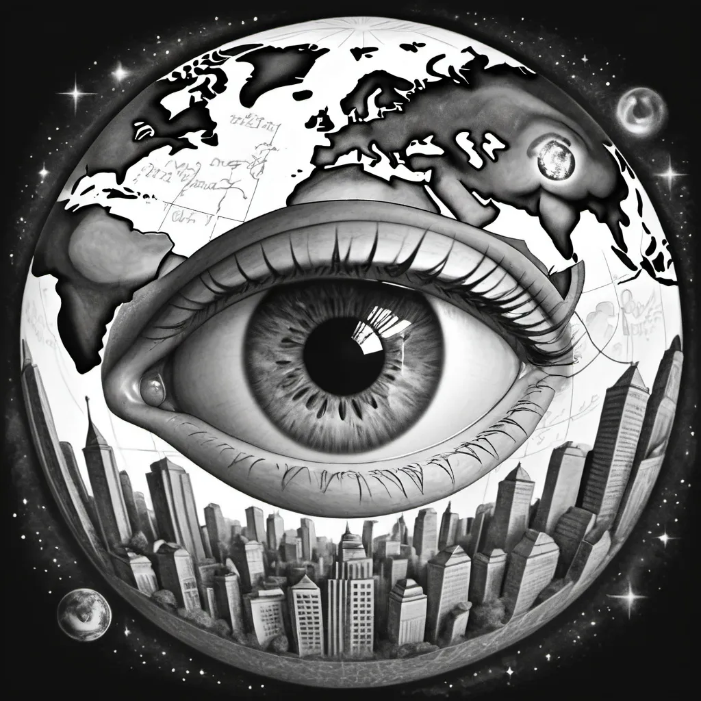 Prompt: a human eye in the centre of the globe in sketch without colour and with the universe as the background. make this a coloring page style with less greyscale. change the city image at the bottom of the globe to a forest

