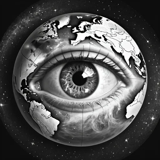 Prompt: a human eye in the centre of the globe in sketch without colour and with the universe as the background

