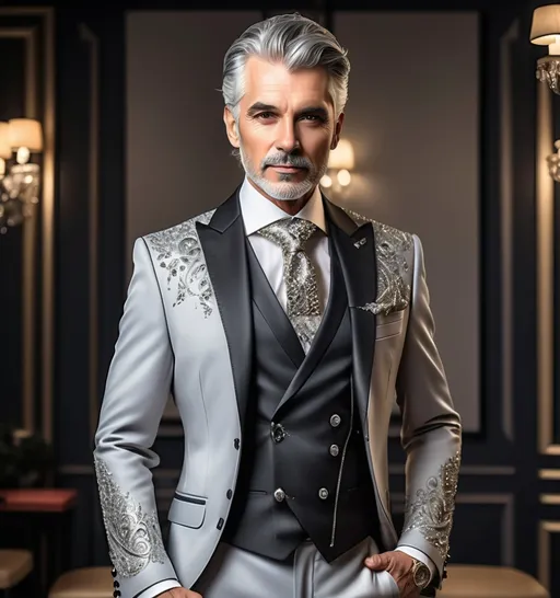 Prompt: A man with grey hair wearing a nice men's suit for music performance with embroidery and handwork of rhinestones on shoulders and arms in a luxurious showroom very classy and chic for music performance singer elegant and fancy full body