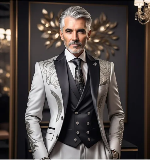 Prompt: A man with grey hair wearing a nice men's suit for music performance with embroidery and handwork of rhinestones on shoulders and arms in a luxurious showroom very classy and chic for music performance singer elegant and fancy full body