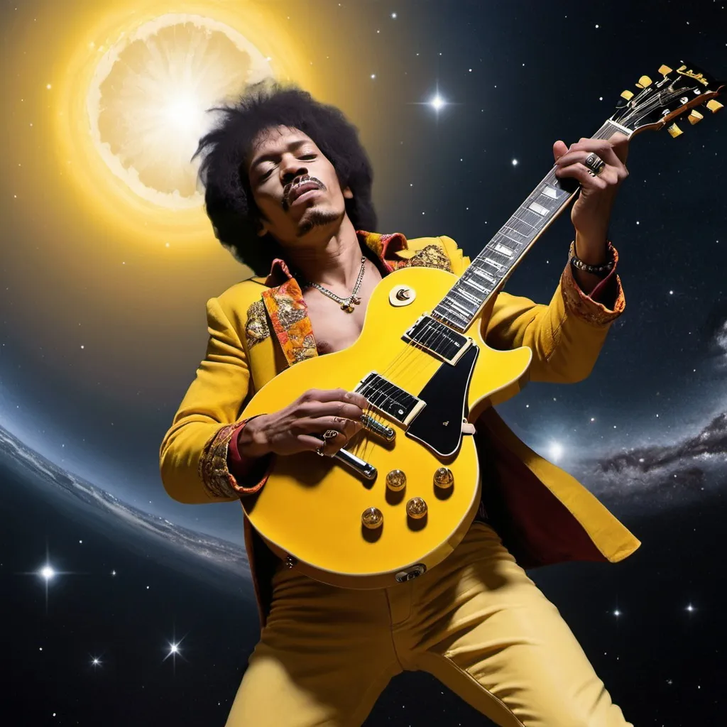Prompt: Create an image of a yellow Gibson Les Paul model guitar floating in space and a man very similar to Jimmy Hendrix trying to reach it