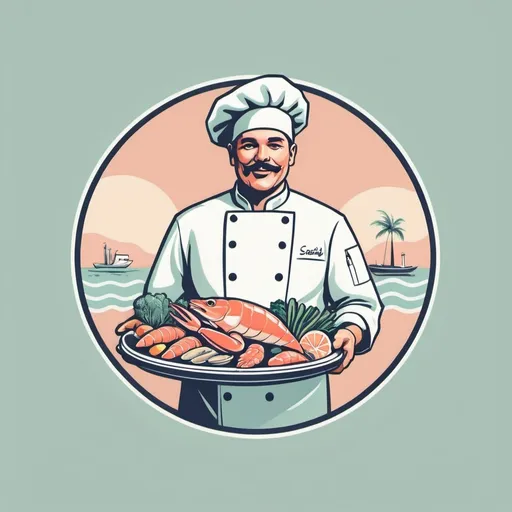 Prompt: a minimalist logo design, pastel colors and a retro aesthetic, mortiff borders, a melanesian chef holding a seafood and vegetables food platter