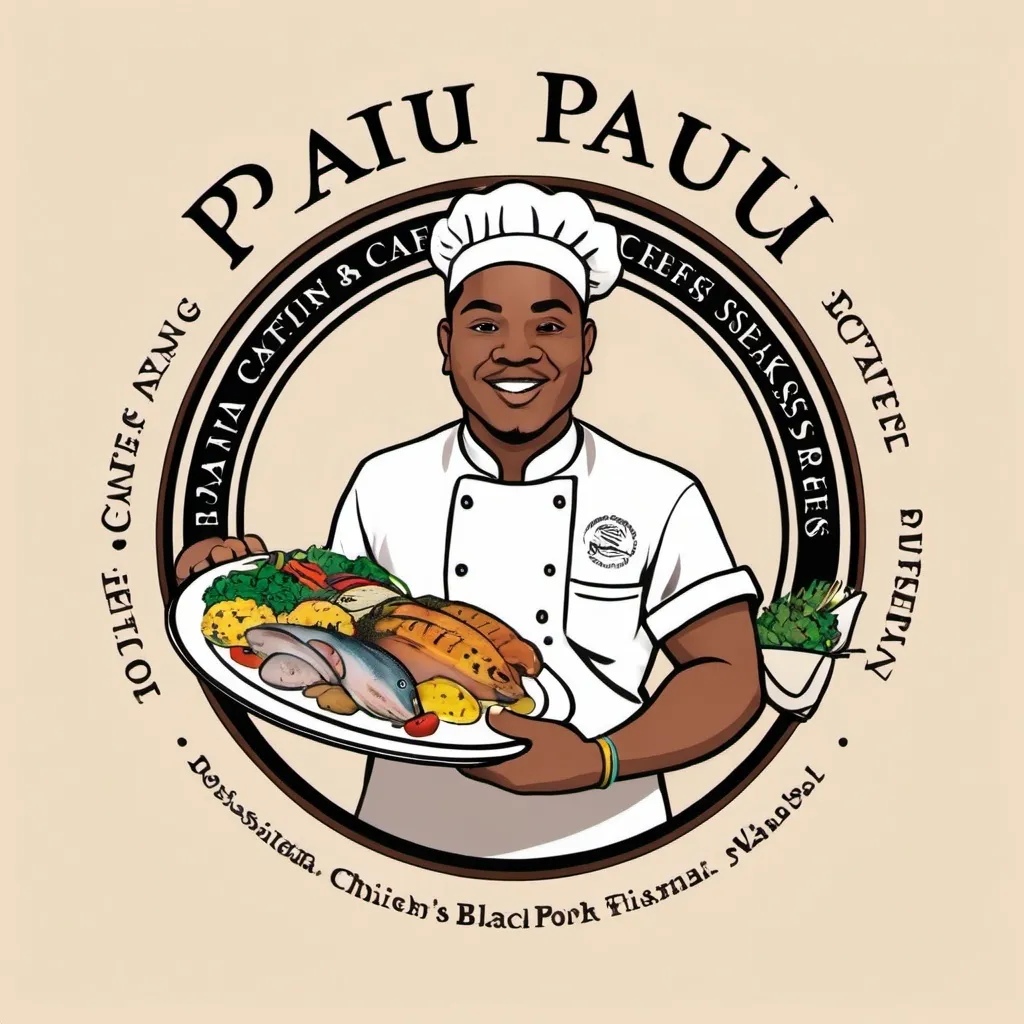 Prompt: create a catering business logo, name at the top must be Pwapui's Catering Services, mortif borders with black outlines, a melanesian chef holding a food platter of fish, chicken, steak, pork and lamb with vegetables, rice and mash potatoe, in the middle of the logo, write established in 2024 at the bottom of the circle.