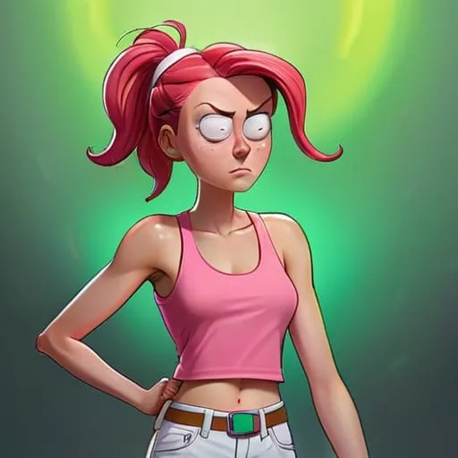 Prompt: Summer Smith from the rick and morty show, art style from the rick and morty show, Red haired Summer, pony tail, pink tank top, white pants