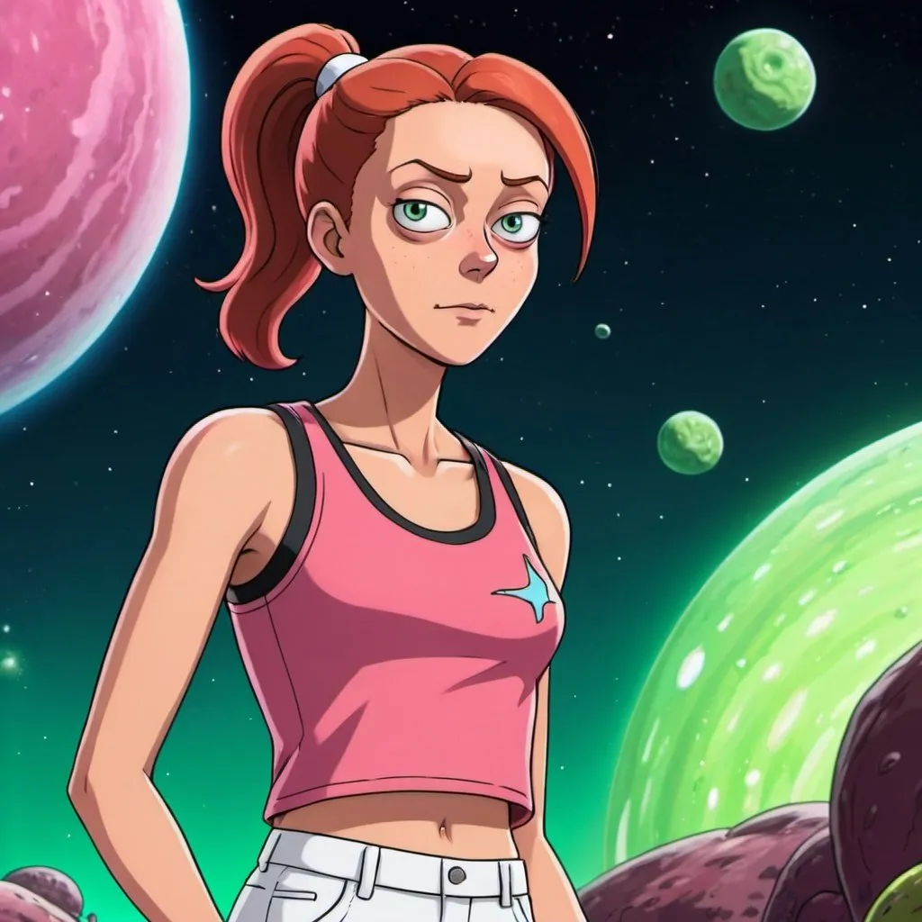 Prompt: Summer Smith from Rick and Morty, red-haired, ponytail, pink tank top, white pants, art style from the show,  alien planet background