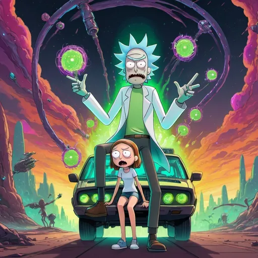 Prompt: Rick and Morty with girls, digital painting, extreme detail, 4k, ultra HD, fantasy art, digital illustration, Artstation trending, digital art, vibrant colors, dynamic poses, professional quality, sci-fi elements, futuristic setting