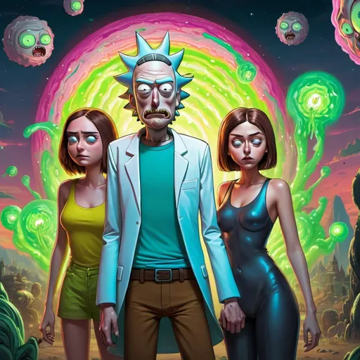 Prompt: Rick And Morty And Girls, Digital Painting, Digital Illustration, Extreme Detail, Digital Art, 4k, Ultra Hd, Trending On Artstation, Digital Painting, Fantasy Art