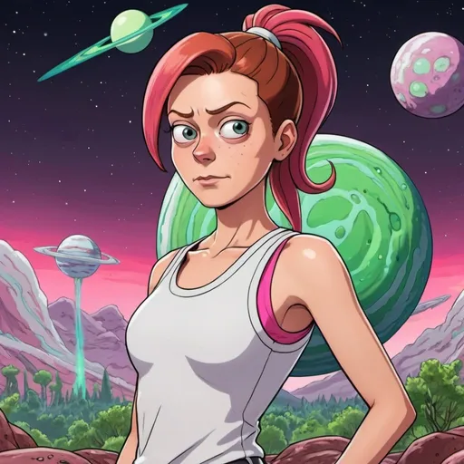 Prompt: Summer Smith from Rick and Morty, red-haired, ponytail, pink tank top, white pants, art style from the show,  alien planet background