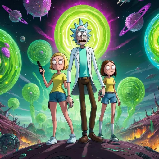 Prompt: Rick and Morty with girls, digital painting, extreme detail, 4k, ultra HD, fantasy art, digital illustration, Artstation trending, digital art, vibrant colors, dynamic poses, professional quality, sci-fi elements, futuristic setting