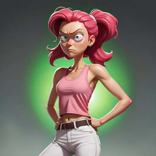 Prompt: Summer Smith from the rick and morty show, art style from the rick and morty show, Red haired Summer, pony tail, pink tank top, white pants