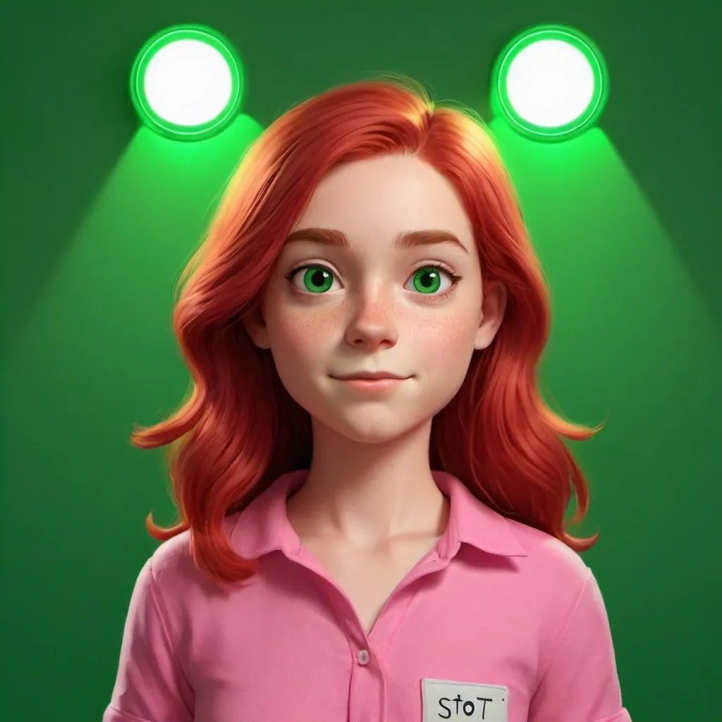 Prompt: a cartoon girl with red hair and a pink shirt on, standing in front of a green background with a green light, Claire Falkenstein, sots art, character portrait, a character portrait