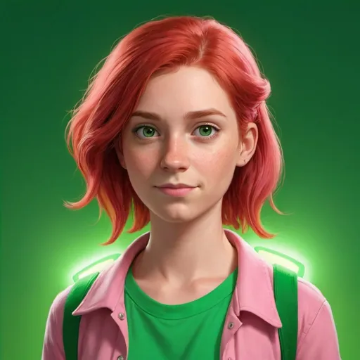 Prompt: a cartoon girl with red hair and a pink shirt on, standing in front of a green background with a green light, Claire Falkenstein, sots art, character portrait, a character portrait