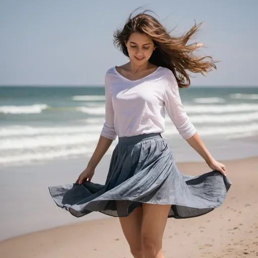 Prompt: Woman wearing a skirt at the beach while the wind is blowing 