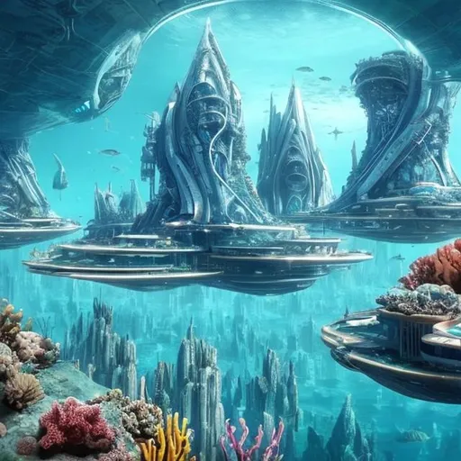 Prompt: Underwater city with futuristic architecture humans and sea animals 