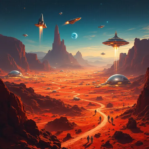 Prompt: "Vibrant futuristic Mars landscape with red deserts, rocky terrain, and sprawling human colonies. Modern biodome cities glow under a twilight sky, connected by illuminated pathways. Sleek starships hover above, some launching into space, others landing with fiery thrusters. Advanced Martian rovers traverse the surface, while astronauts in high-tech white suits conduct research. The scene is dynamic and hopeful, with Earth visible as a small blue dot in the starry sky. Realistic sci-fi style, warm lighting, highly detailed textures, and a sense of bustling interplanetary life."