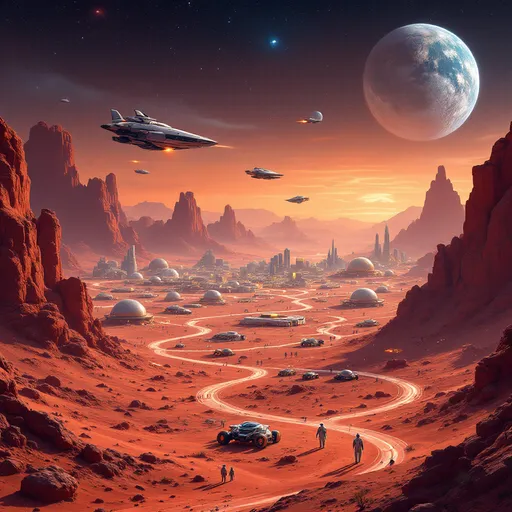 Prompt: "Vibrant futuristic Mars landscape with red deserts, rocky terrain, and sprawling human colonies. Modern biodome cities glow under a twilight sky, connected by illuminated pathways. Sleek starships hover above, some launching into space, others landing with fiery thrusters. Advanced Martian rovers traverse the surface, while astronauts in high-tech white suits conduct research. The scene is dynamic and hopeful, with Earth visible as a small blue dot in the starry sky. Realistic sci-fi style, warm lighting, highly detailed textures, and a sense of bustling interplanetary life."
