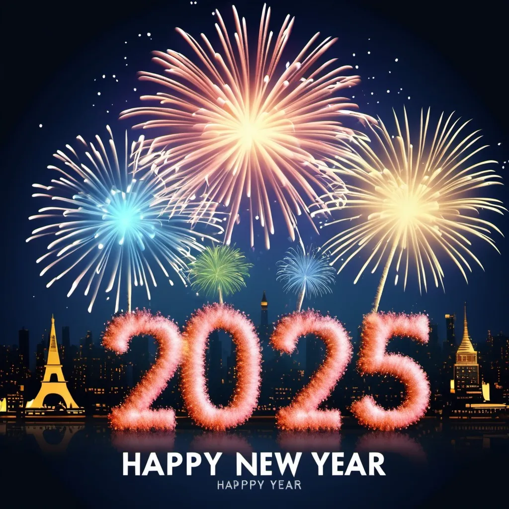 Prompt: Generate an image which wishes happy new year 2025 with fireworks in background