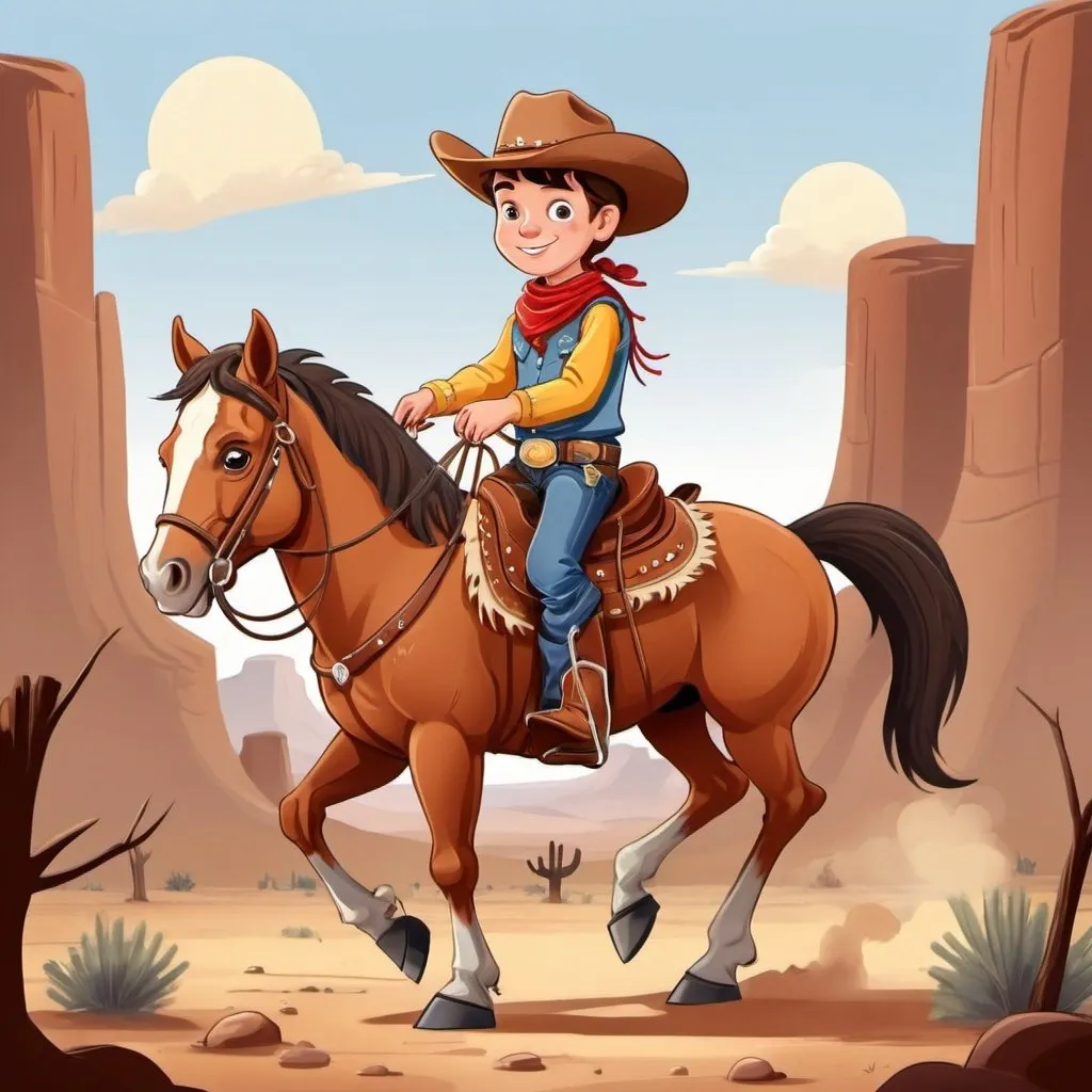 Prompt: a child cowboy on his horse in the west cartoon style


