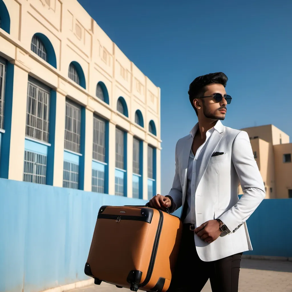 Prompt: a man leaning against a wall with a bag of luggage behind him and a building in the background with a blue sky, Don Arday, hurufiyya, fashion photoshoot, a picture