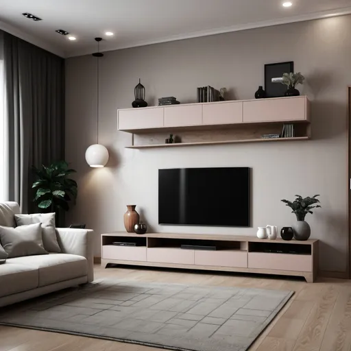 Prompt: modern hall   interior design
with tv unit and sofa