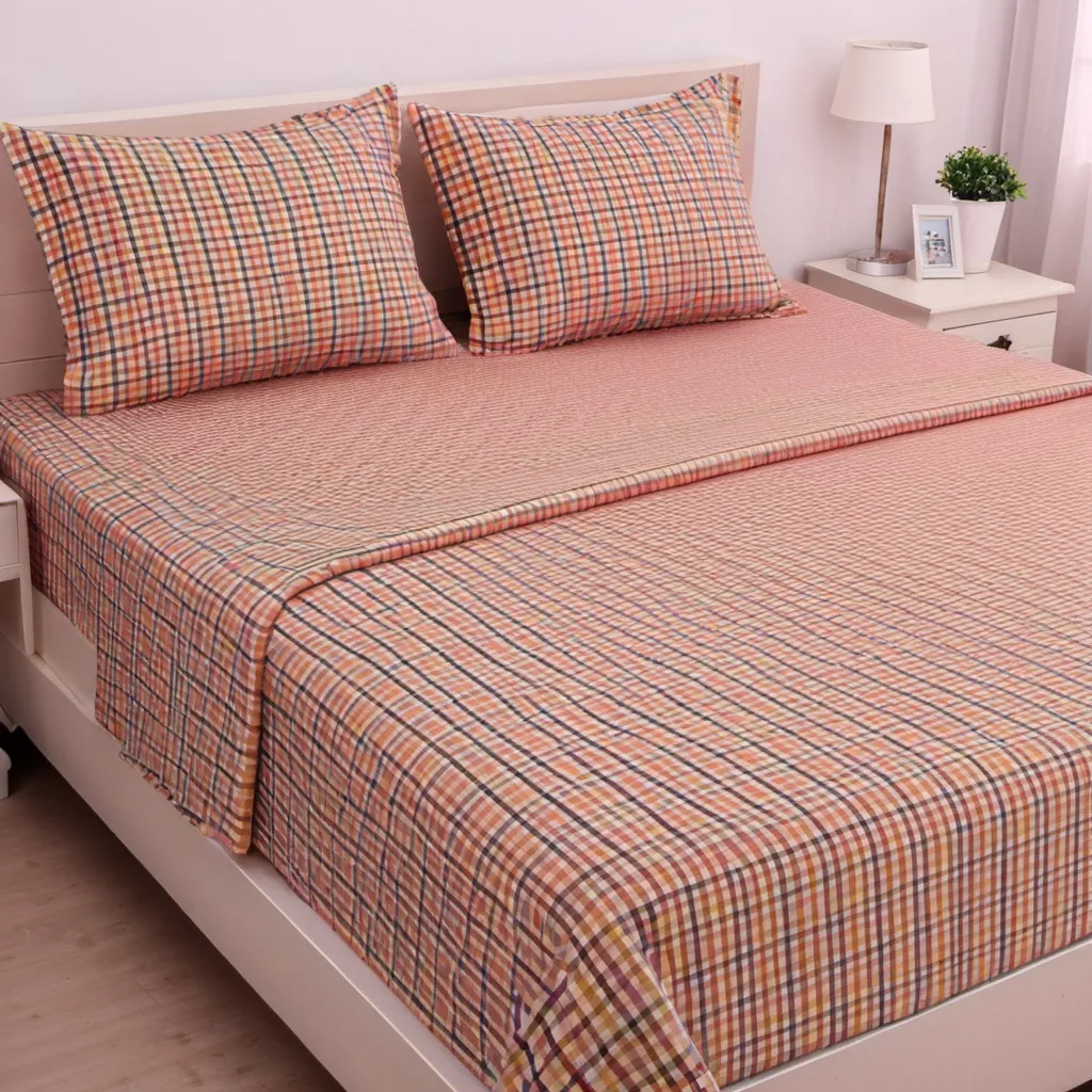 Prompt: Bed sheet print warm colors small checks