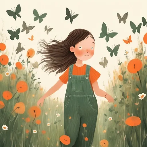 Prompt: 2d  illustration  of  Close-up  view  a  girl  in  overalls  chasing  butterﬂies  in  a  meadow,  in 
the  style  of  Sophie  Blackall  +  Jon  Klassen  +  Tracie  Grimwood,  children  book 
illustrations,  full  frame,  dark  silver  +  dark  green  +  dark  orange,  charming  character 
illustrations,  cute  and  quirky,  candid  moments  captured,  dreamy  --v  6.0  --style  raw