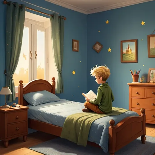 Prompt: illustration for children's story of a boy sitting on his bed in his room, drawing style similar to the book The Little Prince