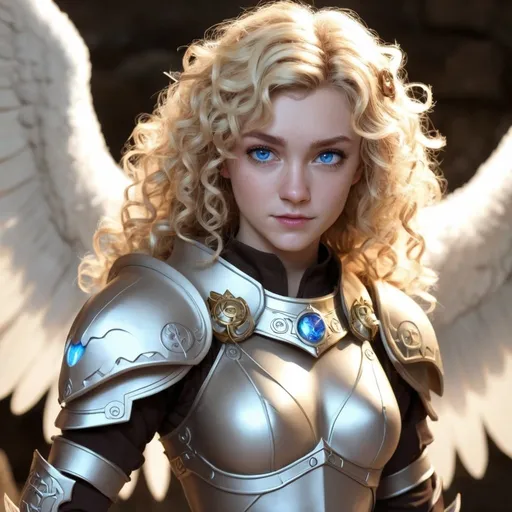 Prompt: a female adventurer, blonde, curly hair, halo, agel wings,blue eyes, pretty, Dungeons and Dragons, youthful