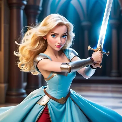 Prompt: Disney style woman with blonde hair and blue eyes, using swords