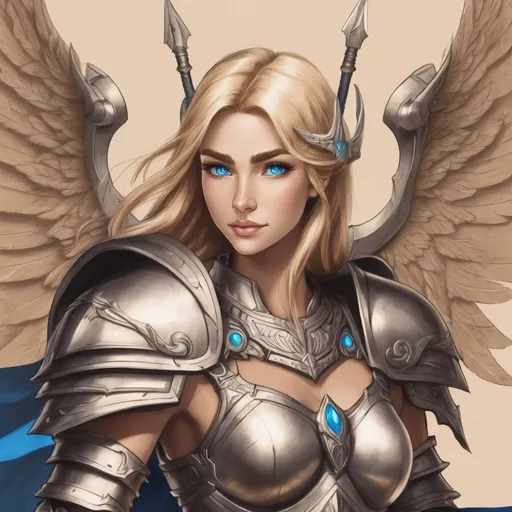 Prompt: sketch angel, valkyrie, blonde woman, blue eyes, happy, armor metal,sword,on light brown paper.world of warcraft art, pencil detail texture