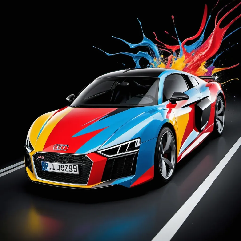 Prompt: The Audi car is black with its distinctive logo on the front grille, suggesting it’s a key feature of the design.
It’s depicted in motion, surrounded by abstract lines and shapes that create a sense of speed and energy.
A palette of bright colors like red, blue, yellow, and white adds to the lively atmosphere of the image.
The dark background contrasts sharply with the car and the colorful elements, making them pop.
Overall, the image conveys a feeling of dynamism and excitement, as if the car is racing forward, leaving a trail of energy and color in its wake.