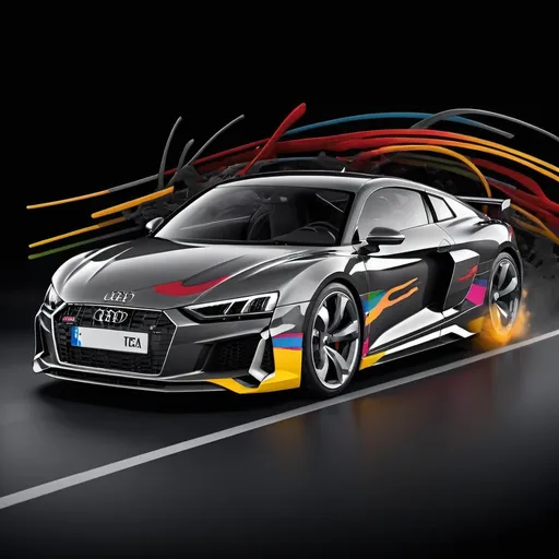 Prompt: The Audi modified car is grey with its distinctive logo on the front grille, suggesting it’s a key feature of the design.
It’s depicted in motion, surrounded by abstract lines and shapes that create a sense of speed and energy.
The dark background contrasts sharply with the car and the colorful elements, making them pop.
Overall, the image conveys a feeling of dynamism and excitement, as if the car is racing forward, leaving a trail of energy
