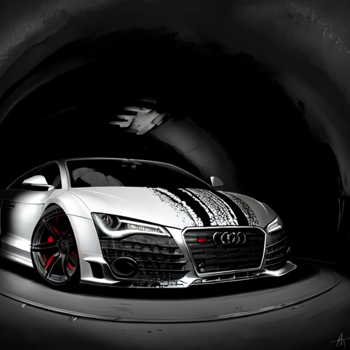 Prompt: a  Audi car driving through a tunnel with a lot of wheels on it's side and a black and white background, Artgerm, auto-destructive art, highly detailed digital painting, an ultrafine detailed painting