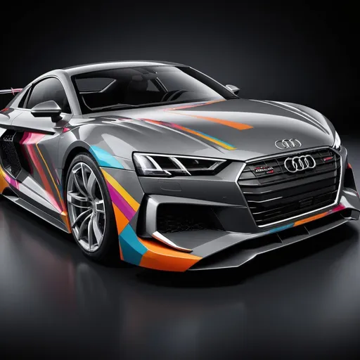 Prompt: The Audi modified car is grey with its distinctive logo on the front grille, suggesting it’s a key feature of the design.
It’s depicted in motion, surrounded by abstract lines and shapes that create a sense of speed and energy.
The dark background contrasts sharply with the car and the colorful elements, making them pop.
Overall, the image conveys a feeling of dynamism and excitement, as if the car is racing forward, leaving a trail of energy
