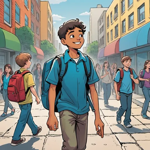 Prompt: A school boy coming back from school, walking through a bustling city street, holding a backpack and waving to a friend, depicted in a vibrant Comics style.